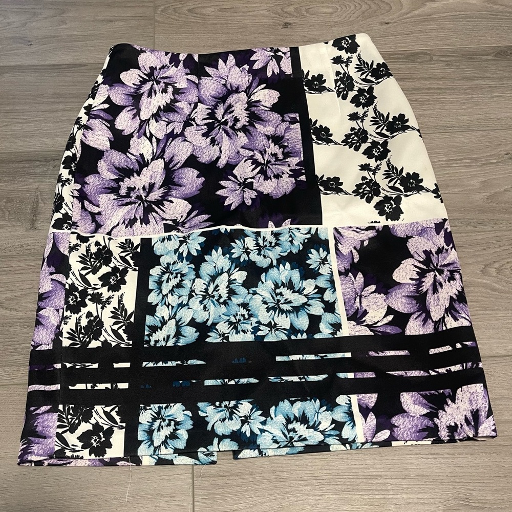 WHBM Floral Mix Print Panel Lined Skirt Purple Blue White House Black Market 6
